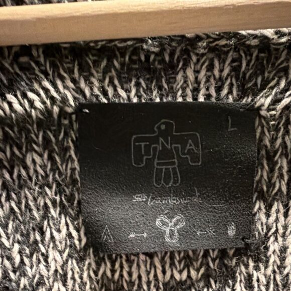 TNA Lambswool Graphic Cardigan Sweater Gray Cream Black Women's L - Picture 4 of 5
